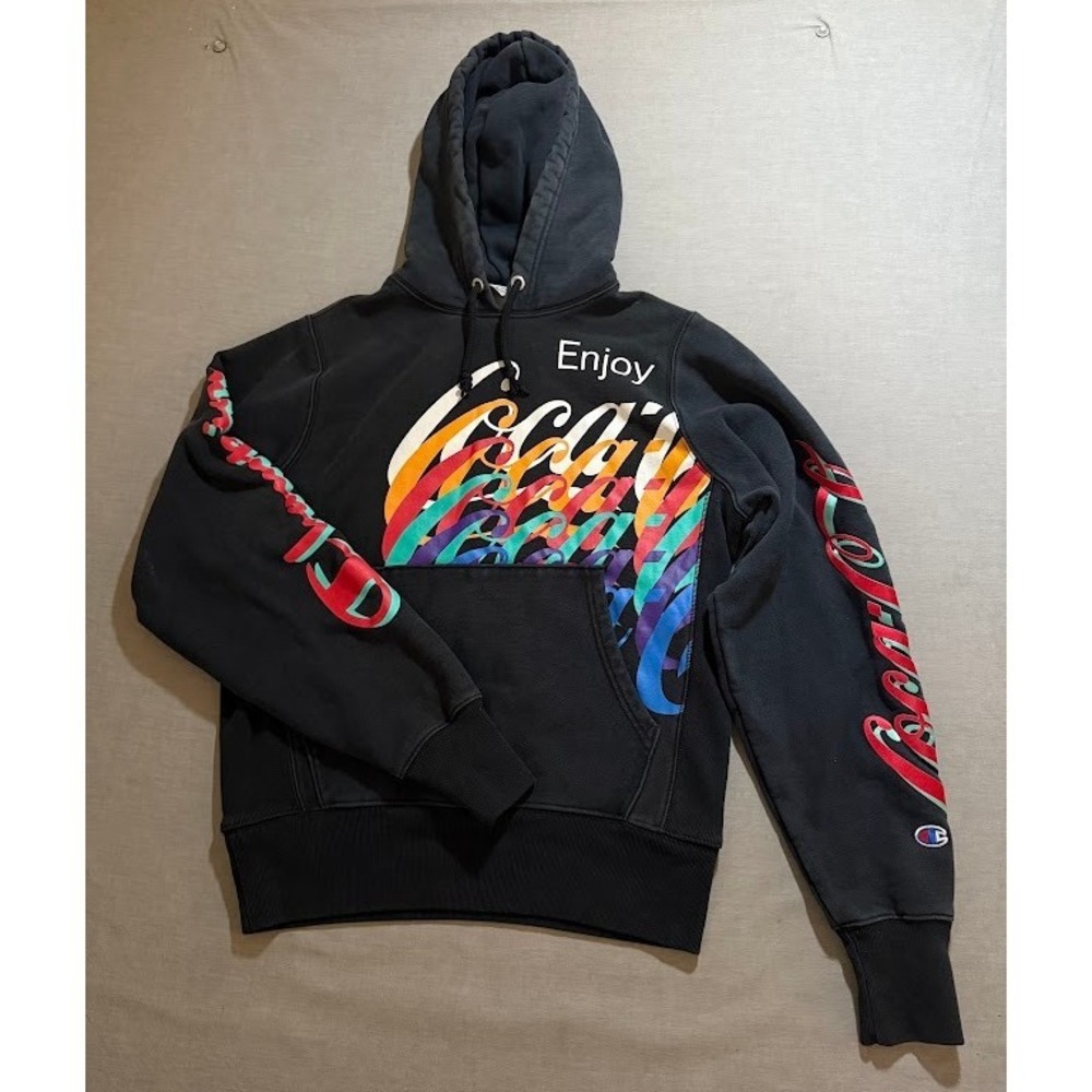 Champion x Coca-Cola Hoodie Black Rainbow Logo Pullover Sweatshirt Mens‎ Small